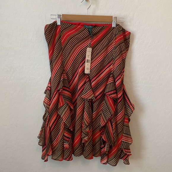 NWT Lauren Ralph Lauren Ruffle Midi Skirt Brown & Red Size Medium - Picture 2 of 7